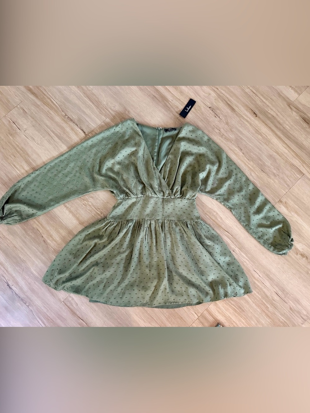 Lulu's Olive Green Textured V-Neck Long Sleeve Mini Dress
